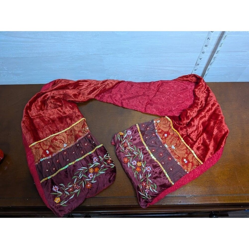 VINTAGE EyeFul Viscose Velvet Scarf Boho Embroidered Sequin Red Maroon India